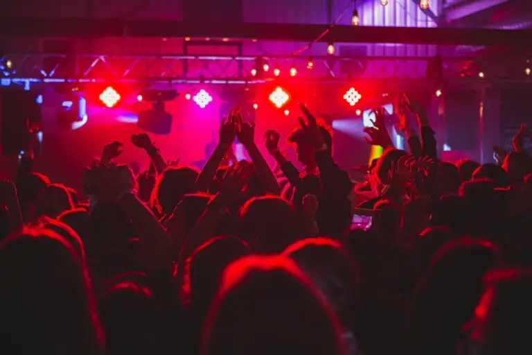 Friends celebrating together at a nighttime live event
